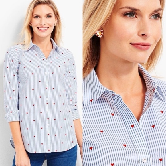 Talbots Velvety Heart, Pinstriped Button Down Top Size LARGE - Picture 1 of 6